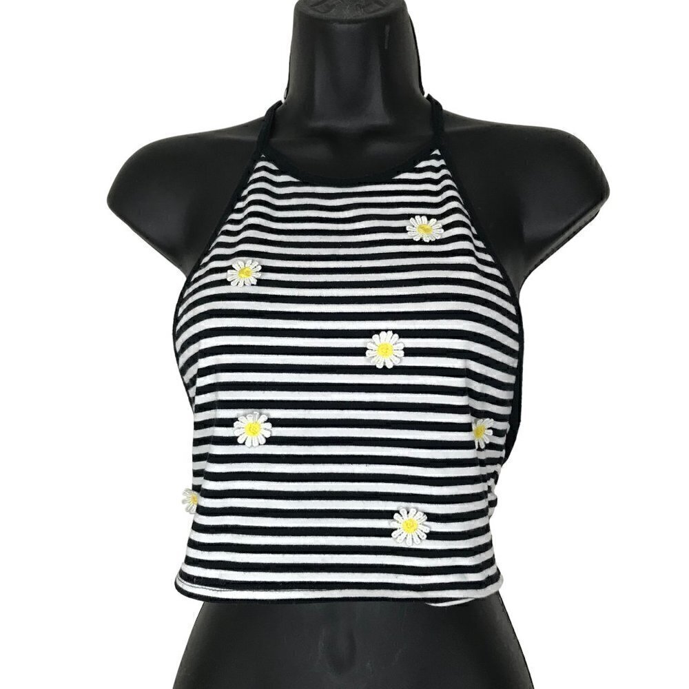 ALMOST Famous Black & White Stripped With Daisies Halter Top  Size S